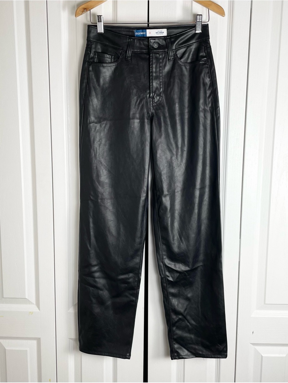 Old Navy High Rise OG Loose Faux Leather Pants Womens 2 Black Ankle Straight Leg